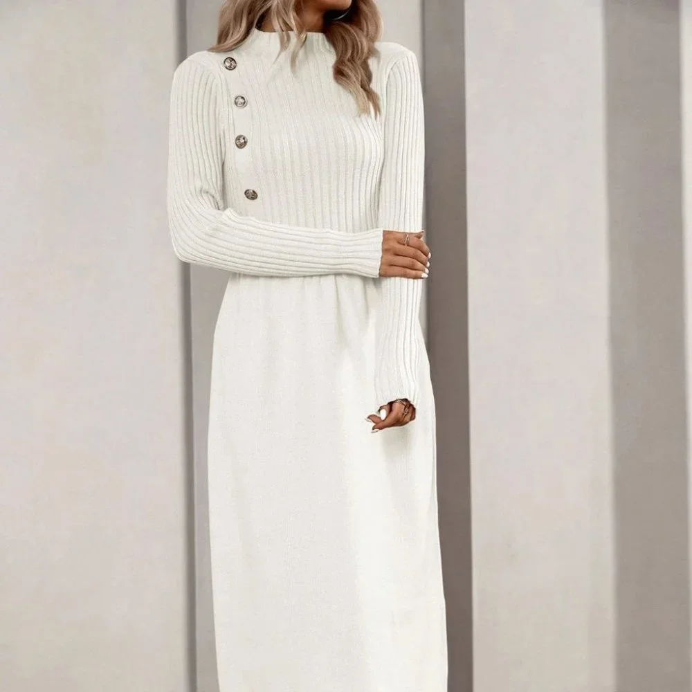 White Elegant Womens Mock Neck Button Detail Sweater Dress - Picture 4 of 5